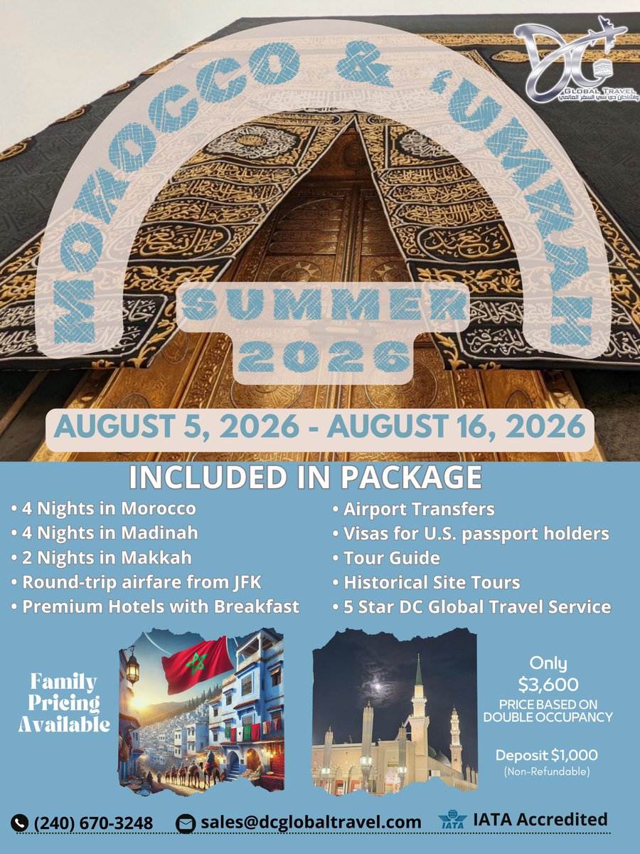 DcGlobalTravel's tweet photo. 🤍 Here it is‼️ The moment we’ve all been waiting for!
🆕 Introducing our brand-new Summer 2026 package: Morocco &amp; ‘Umrah‼️
💺 Very limited seats available — secure yours before they’re gone‼️

🗺️4 Nights in Morocco | 4 Nights in Madinah | 2 Nights in Makkah

#Umrah #Morocco https://t.co/A52g1KgsF3