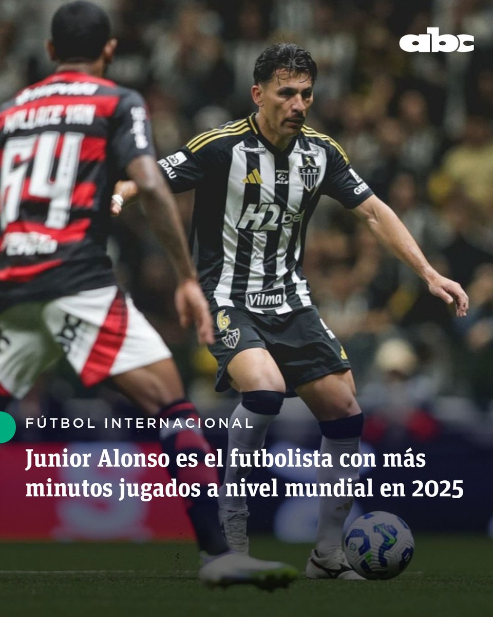 #FútbolInternacional | O MAIOR DO MUNDO 🌎

Un informe del Observatorio CIES ubicó a Junior Alonso como el jugador con más minutos en 2025 🔝

El zaguero de Atlético Mineiro lidera el ranking mundial con 6.036 minutos jugados (equivalente a 67 partidos aproximadamente) entre club
