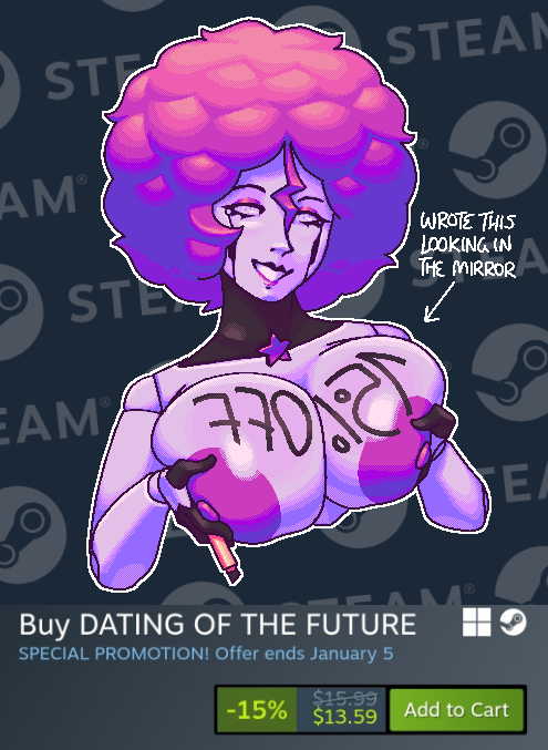 geoWaffle's tweet photo. THE STEAM WINTER SALE IS NOW ON!!!! GET DATING OF THE FUTURE FOR 15% OFF!!!!!!!!!!!! if you so choose, i mean. https://t.co/F5t6XfjlTo