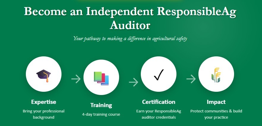 ResponsibleAg's tweet photo. Want to become a ResponsibleAg auditor? 
Join our 4-day training course: 📅July 21-24, 2026 📍 Owensboro, KY. Professional liability insurance is now FREE for independent auditors.
Turn your expertise into impact: https://t.co/c2am2bMaWw
#ResponsibleAg #AgSafety https://t.co/BkxnJvfmDq