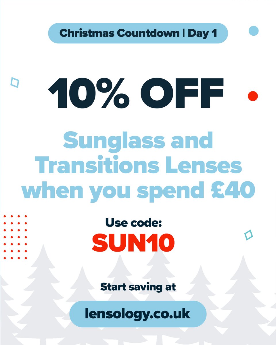 Day 1 of the Lensology Christmas Countdown starts strong! Save 10% on sunglass &amp; Transitions lenses when you spend over £40. Perfect for that winter sun. Tinted, polarised &amp; Transitions lenses all qualify. Use code SUN10 when checking out at lensology.co.uk. #wintersaving