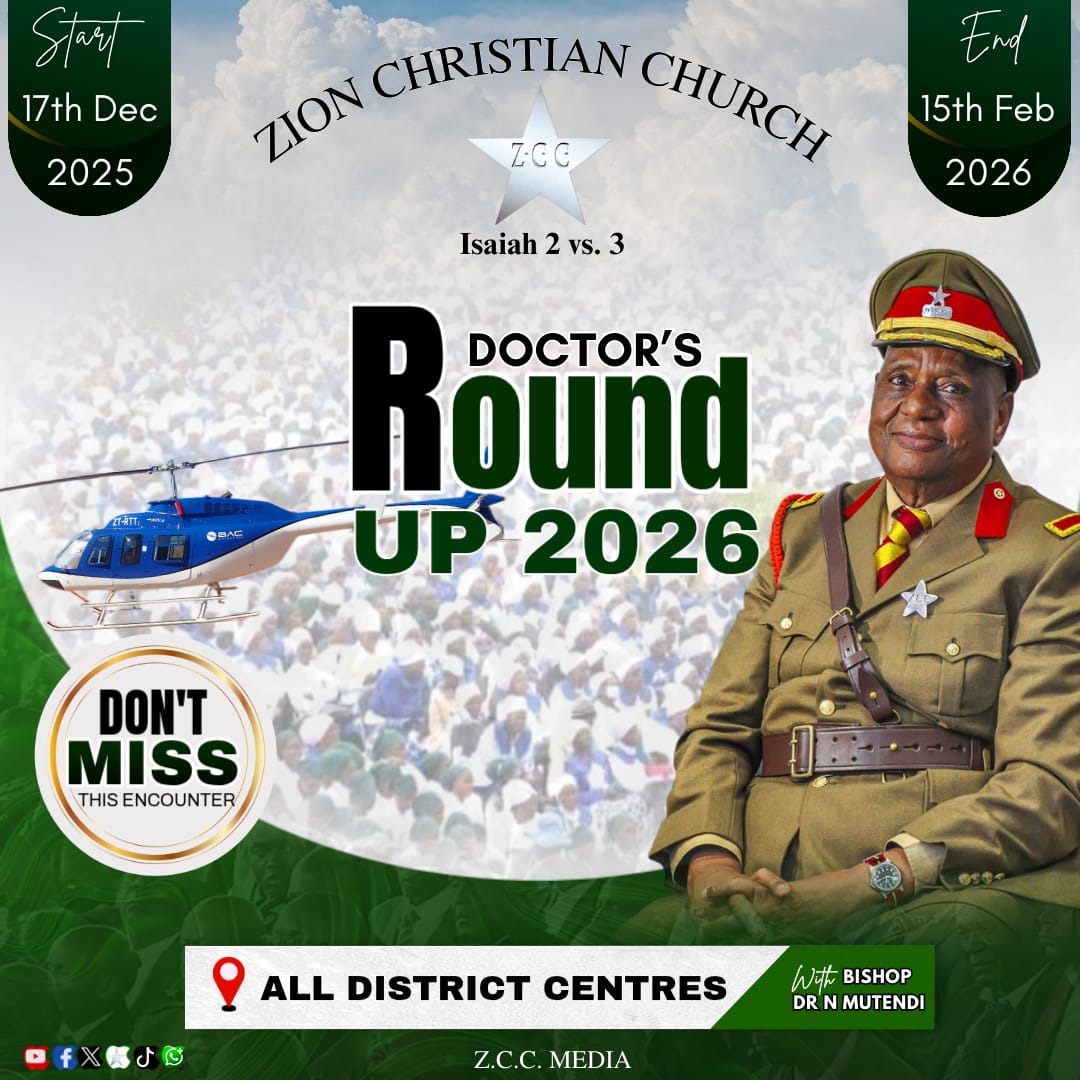 🚨 Bishop Mutendi has officially launched the annual ZCC Pastoral #Roundup2026 conferences, today gathering believers in the following Centres:
🔹Defe
🔹Saai 
🔹CMB
🔹Gokwe.

To run until Feb. 2026, don't miss out—follow our YouTube channel for live updates and more! 📺