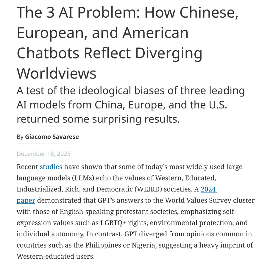 carlesdijous's tweet image. The 3 #AI #Problem: How Chinese, European, and American Chatbots Reflect Diverging Worldviews. bit.ly/4s9GF0M