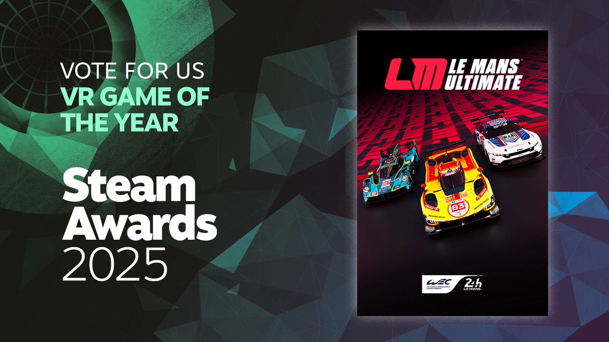 Wow! We’ve been nominated for VR Game Of The Year in the 2025 Steam Awards! 😎

Get involved and please vote for us! 🙏🏻

🗳️ store.steampowered.com/steamawards/20…

#lemansultimate #steamawards #VRGOTY