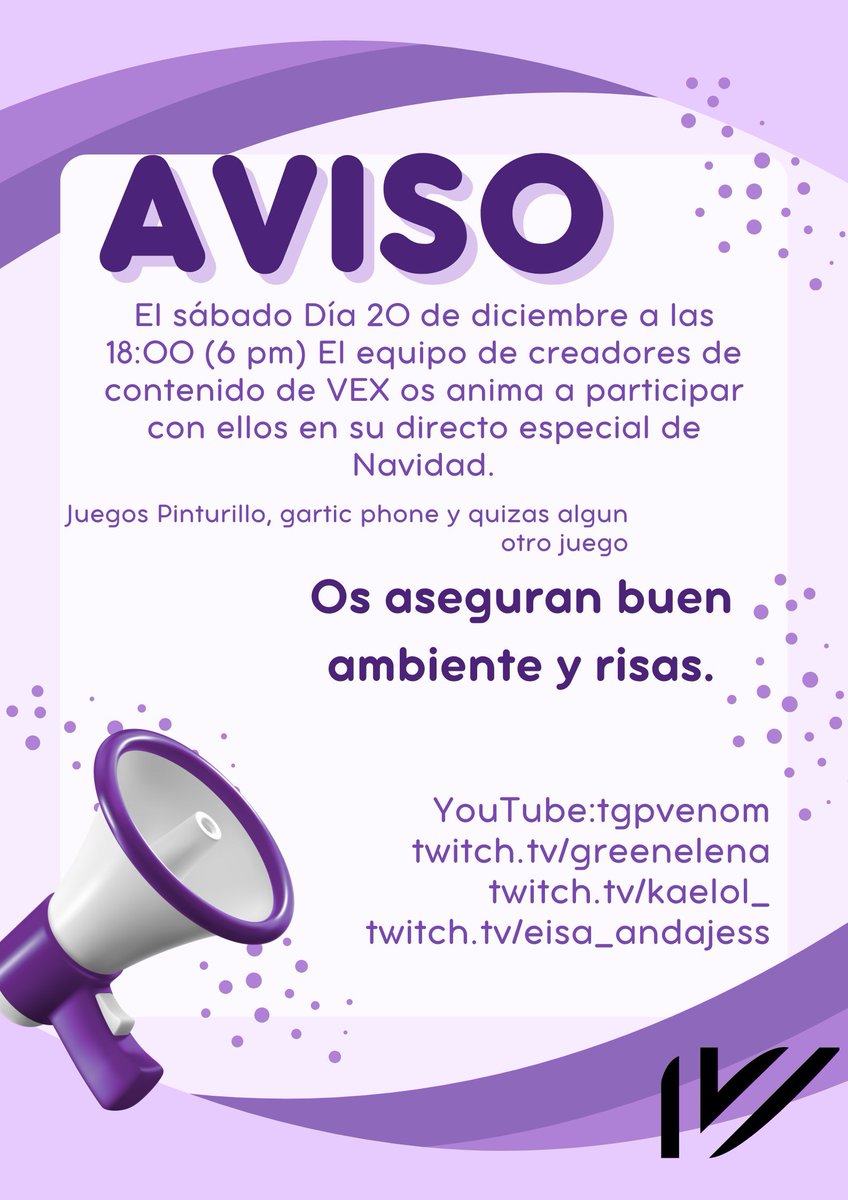 💜HOLA HOLA💜 
✨LOS CREADORES DE @VEXOFICIAAL OS TRAEMOS UN GRAN ANUNCIO✨
🎊El sábado día 20 de diciembre a las 18:00🎊
🎄Estaremos en Stream conjunto jugando como especial de navidad 🎄
<a href="/_TGPVENOM/">V Ξ N O M </a>
<a href="/EisaAndajess/">VEX Eisa Andajess</a> 
KaeLoL_  Os esperamos 💜