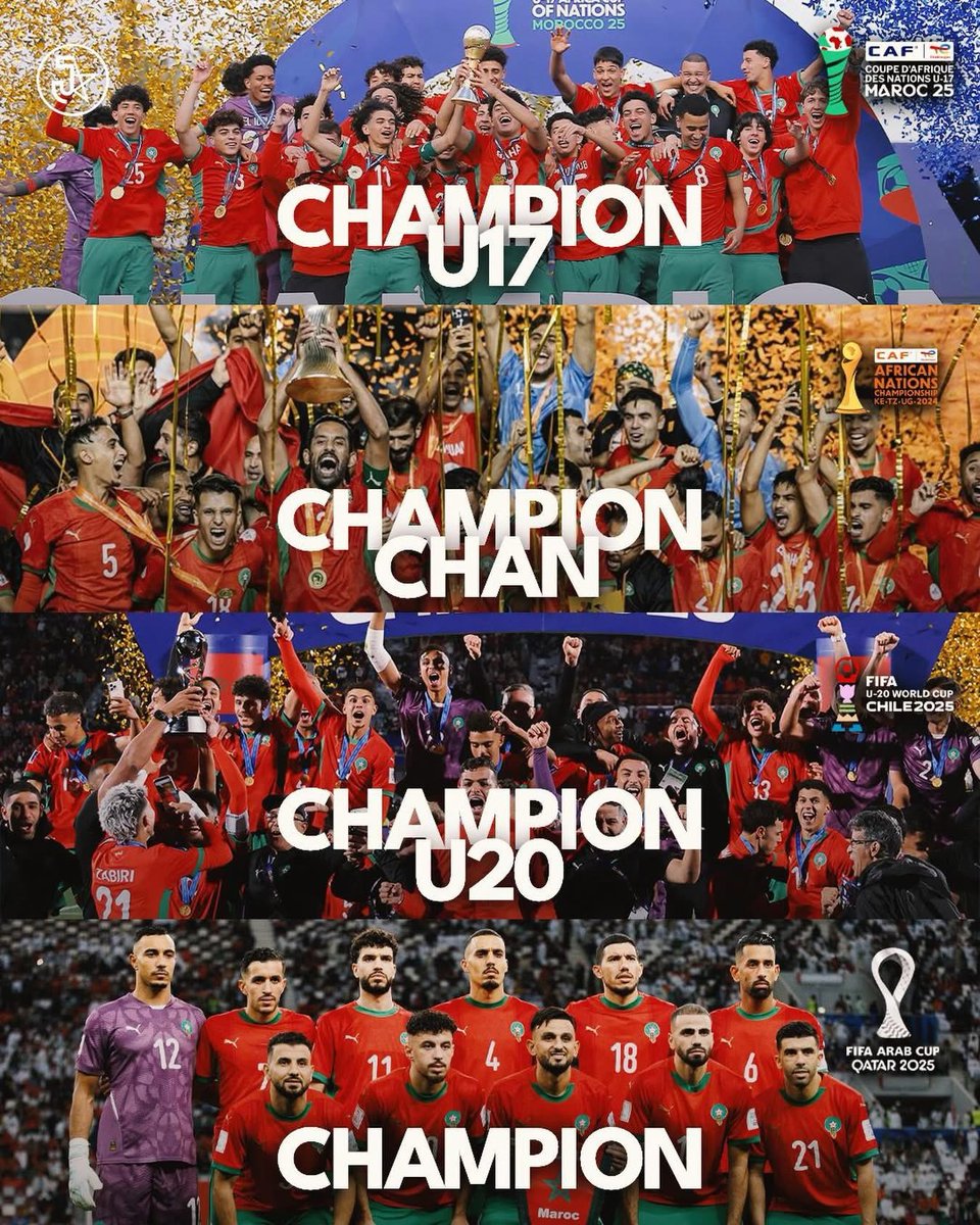 MOROCCOPART's tweet photo. 🇲🇦 𝗟’𝗔𝗡𝗡𝗘́𝗘 𝟮𝟬𝟮𝟱 𝗫𝗫𝗟 𝗗𝗨 𝗠𝗔𝗥𝗢𝗖 ⵑ 🤯

🏆 CAN U17 🇲🇦
🏆 CHAN 
🏆 Coupe du Monde U20 🇲🇦
🏆 Coupe Arabe 🇲🇦
✅ CAN U20 Finale 🇲🇦

Plus d’excuses pour nos A.
Dima Maghrib 🇲🇦

#afcon2025 #can2025 #maroc #afrique #dimamaghrib #Algerie #caftan_marocain #beINSPORTS https://t.co/TzWrhnTOWa