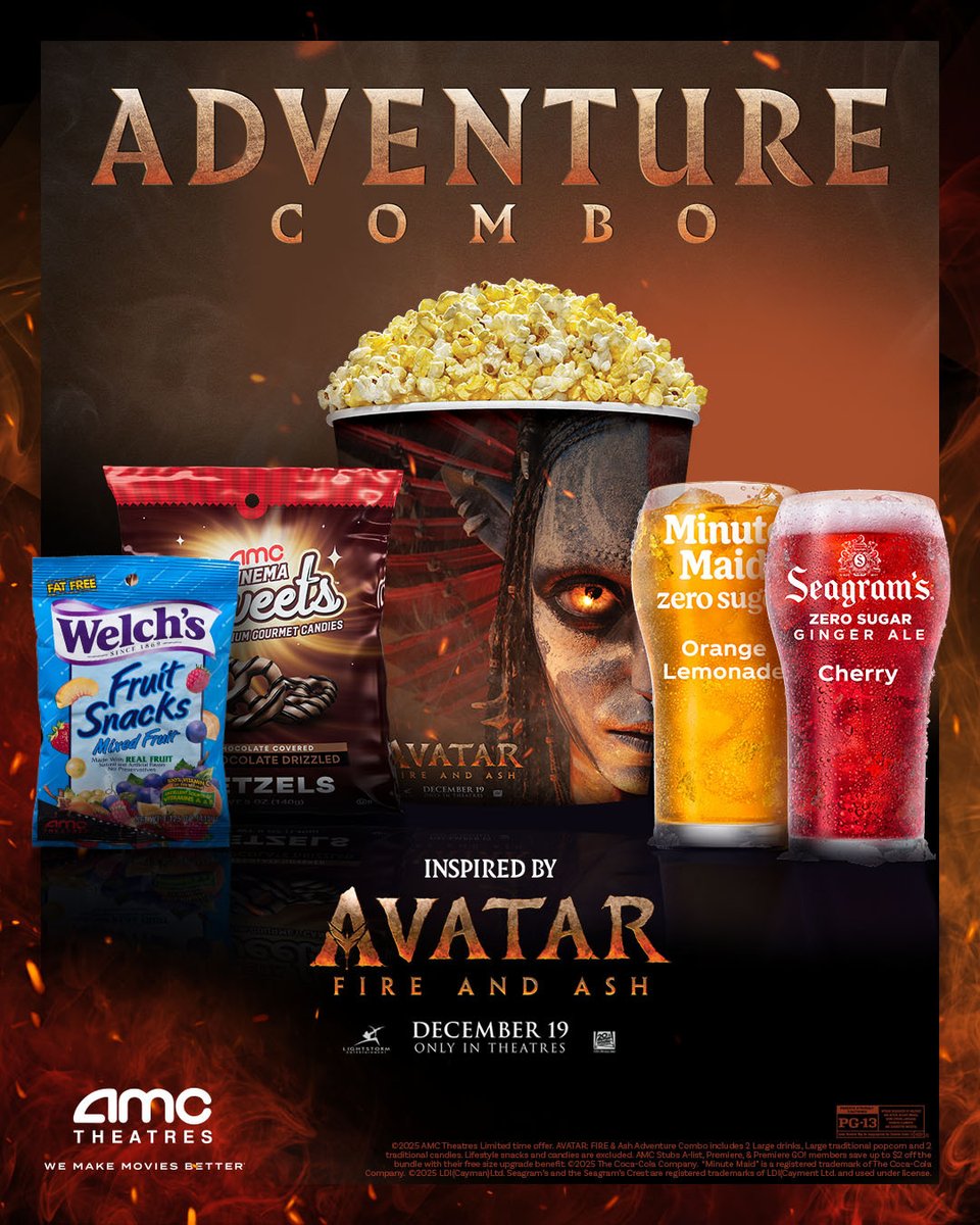 Travel through Pandora with our Adventure Combo. Gear up with a large popcorn, two candies, and two large drinks or ICEEs® when you get tickets to see AVATAR: FIRE AND ASH. bit.ly/3MxscLE