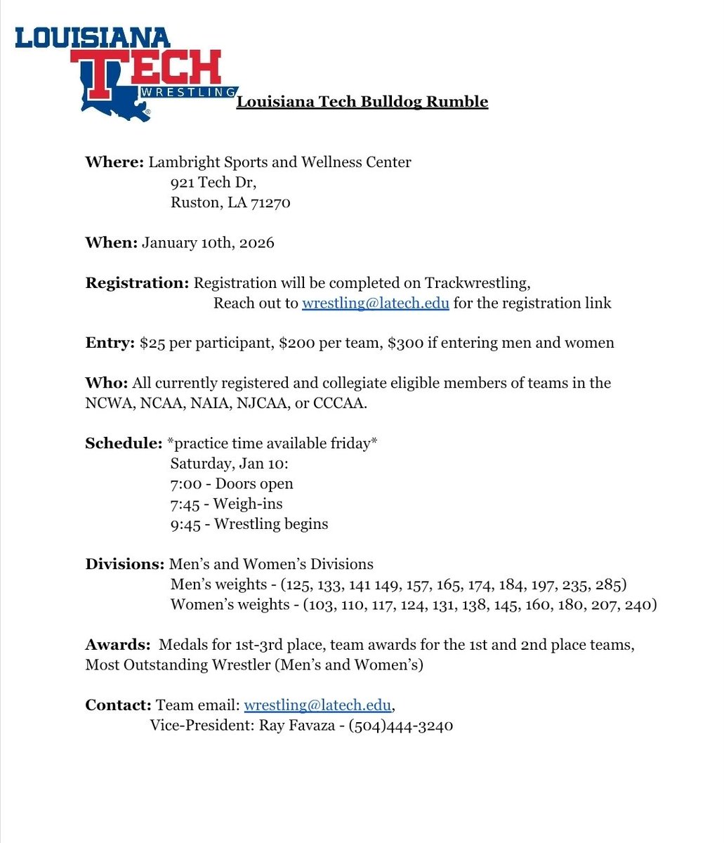LaTechWrestling's tweet photo. We are excited to be hosting the Louisiana Tech Bulldog Rumble for the 2nd year.

This year's event will be on January 10th, 2026, at the Lambright Sports and Wellness Center.

Please reach out if you have any questions.

Thank you to @summitindustrial for sponsoring the team. https://t.co/W0aGRPyEuX
