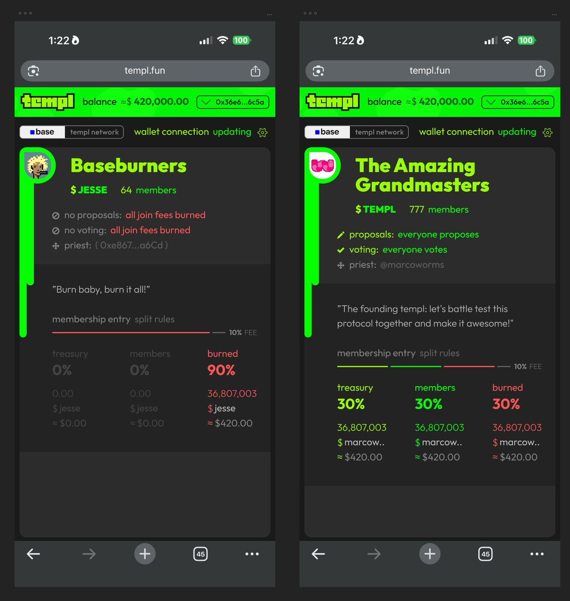 we keep posting work-in-progress of our new ui until ct morale improves 🐸

the new "join templ" page explains much better how the join fee splits for each different templ 💚