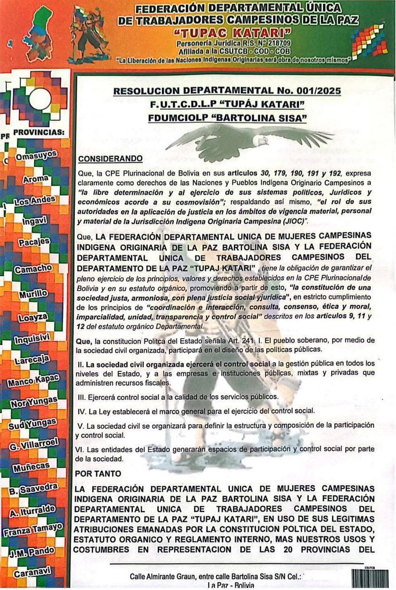 reddtvoficial's tweet photo. Campesinos paceños declaran emergencia y dan ultimátum de 24 horas para tumbar el decreto 5503
Las federaciones #TupajKatari y #BartolinaSisa declararon estado de emergencia y dieron un plazo improrrogable de 24 horas al presidente @Rodrigo_PazP para abrogar el Decreto Supremo 5503/2025, al advertir que la norma golpea de lleno a la economía popular y a los sectores más vulnerables del país.
La resolución departamental sostiene que el decreto afecta directamente al sector productivo de las 20 provincias de La Paz, al transporte, a la clase obrera y trabajadora, y profundiza el impacto económico sobre las naciones y pueblos indígena originario campesinos.