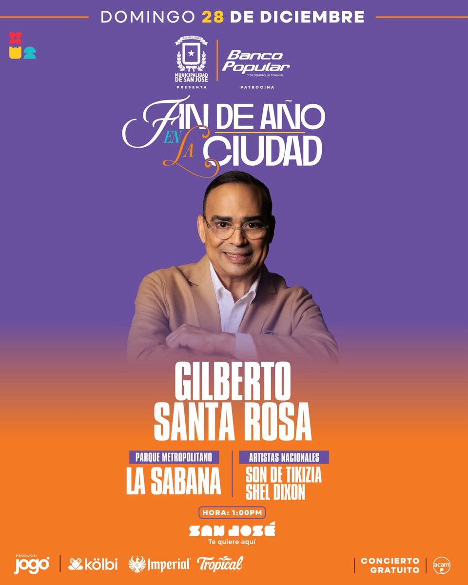 Para cerrar el 2025, como ya es tradición, tendremos un concierto internacional en el Parque Metropolitano La Sabana con Gilberto Santa Rosa. Además, contaremos con la participación de artistas nacionales como Son de Tikizia y Shel Dixon.

Durante todo el día habrá actividades