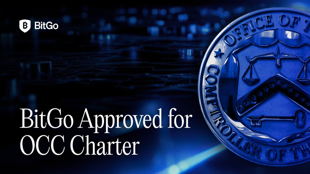 BitGo's tweet image. BitGo Bank &amp;amp; Trust, National Association has received approval from the Office of the Comptroller of the Currency to operate as a national trust bank charter.

This charter confirms that our security, compliance, and operational models meet the highest federal standards. It…