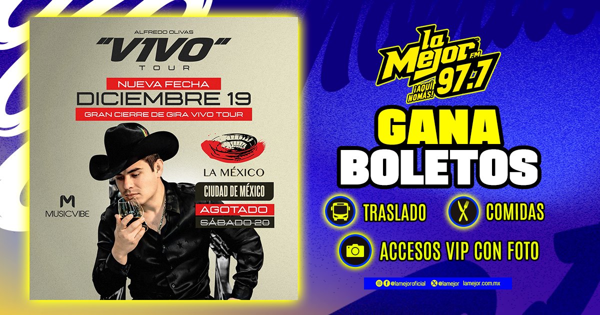 LaMejor's tweet photo. 🎶🔥 ¡Atención fanáticos del regional mexicano! 🔥🎶

#AlfredoOlivas trae su espectacular “VIVO Tour” este 19 de diciembre en @lamexicomonumental 🎤🤠

🌟 Una noche inolvidable te espera, llena de música, emoción y todos sus grandes éxitos en vivo 🎤 Y lo mejor… ¡tú puedes estar ahí con boletos exclusivos de La Mejor! 🙌

📲 Descarga nuestra app, participa en los programas en vivo y con la regaladora 🤠 y prepárate para cantar a todo pulmón 💥🎶
