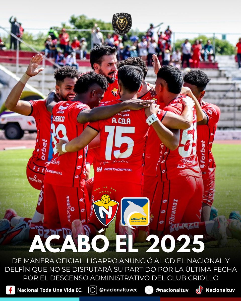 SE TERMINÓ EL 2025 PARA EL NACIONAL🔴

Informa <a href="/ligner_mendoza/">Ligner Mendoza</a> que Liga Pro notificó a El Nacional y a Delfín SC que el último partido del equipo criollo en Serie A no se disputará ❌

#NTUV #ElMedioMasRojo