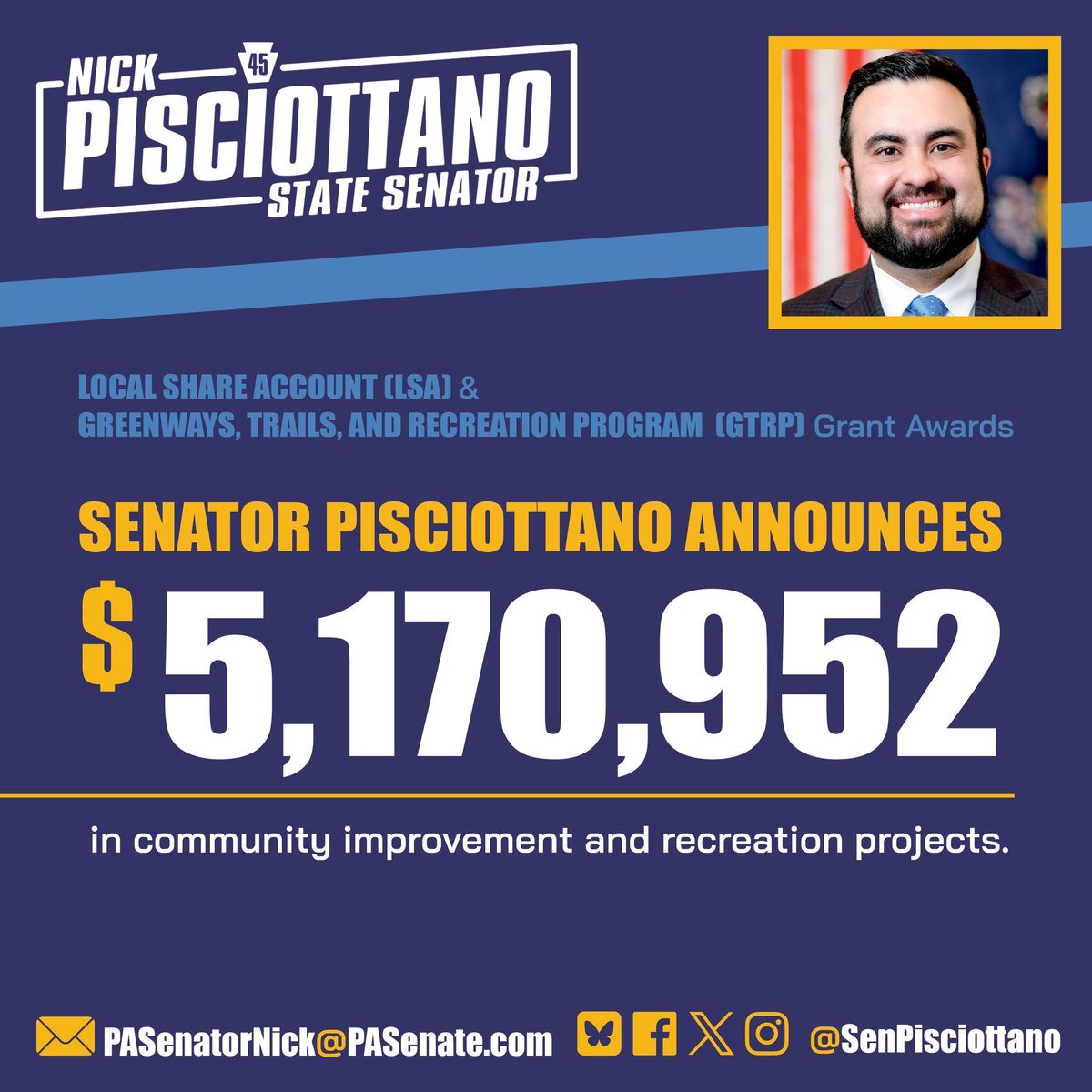 SenPisciottano's tweet photo. Thrilled to announce $5,170,952 in state grant awards! These investments reflect the priorities I hear from communities, including safer infrastructure, accessible public spaces, and facilities that serve residents now and into the future. https://t.co/4pBMRKMFpI