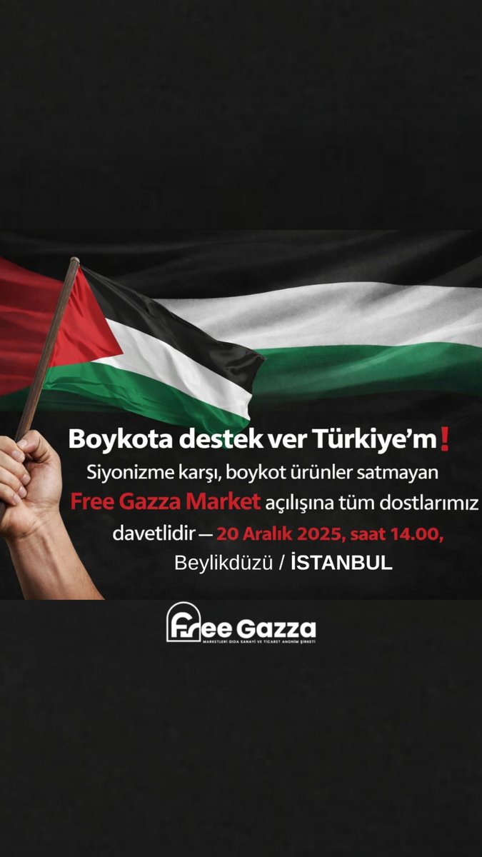 Boykot bilinciyle yola çıkıyoruz.
Free Gazza Market açılıyor. Vicdanlı alışveriş zamanı.

Zulme karşı duruş, bilinçli alışveriş.
Free Gazza Market açılışına davetlisiniz.

#freeGazza 
 
#boykot