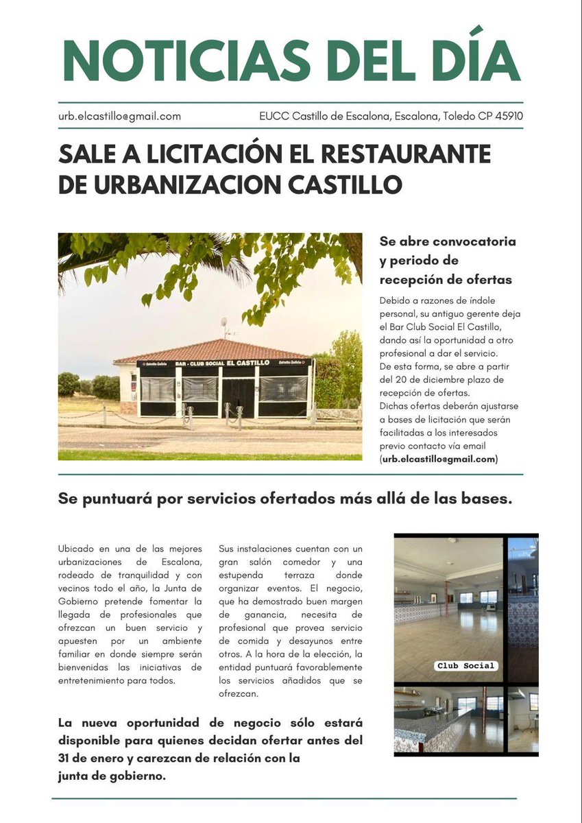 📣📣 *NOTICIA DE GRAN INTERÉS*📣📣 
¡Os comunicamos que sale a concurso el Club Socia de la Urbanización El Castillol! 👏👏👏👏
Oportunidad disponible por tiempo limitado!  
Difundid!
