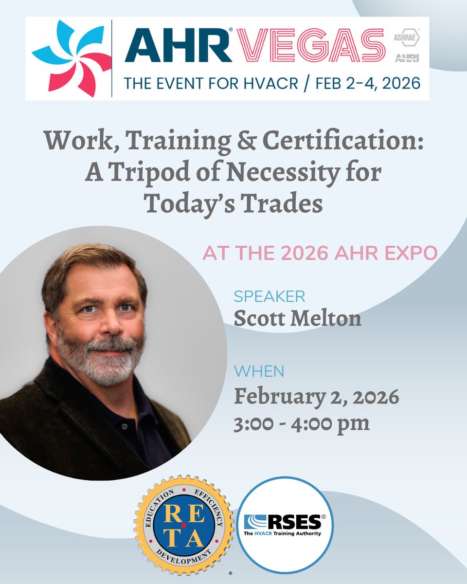 RSESHQ's tweet photo. Our very own Education Coordinator Scott Melton is presenting at the AHR Expo in 2026! 
When: Monday, February 2nd from 3:00 PM – 4:00 PM
Where: Room S221 at the 2026 AHR Expo in Las Vegas
Add it to your AHR calendar! https://t.co/0aHAUohOcV https://t.co/p2EshzY7gM