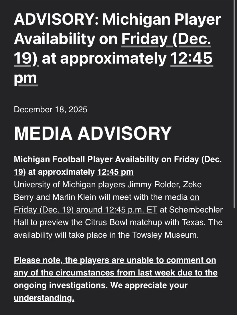 chrissolari's tweet photo. Can’t say I’ve ever seen a media relations note attempting to dictate what interview questions are out of bounds. I’m sure no one will be asking about anything that happened the past week. 😂 https://t.co/pYJ3ljmkwg