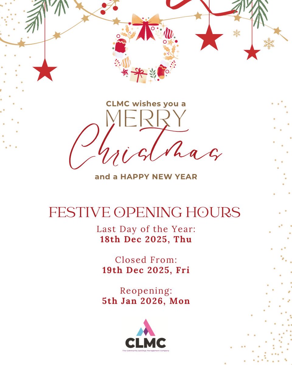TheCLMC's tweet image. 🎄Christmas &amp;amp; New Year Opening Hours 🎄

As we approach the festive period, please note our holiday operating hours:

During this time, responses may be slower than usual.

Wishing all our partners and customers a Merry Christmas and a Happy New Year ✨