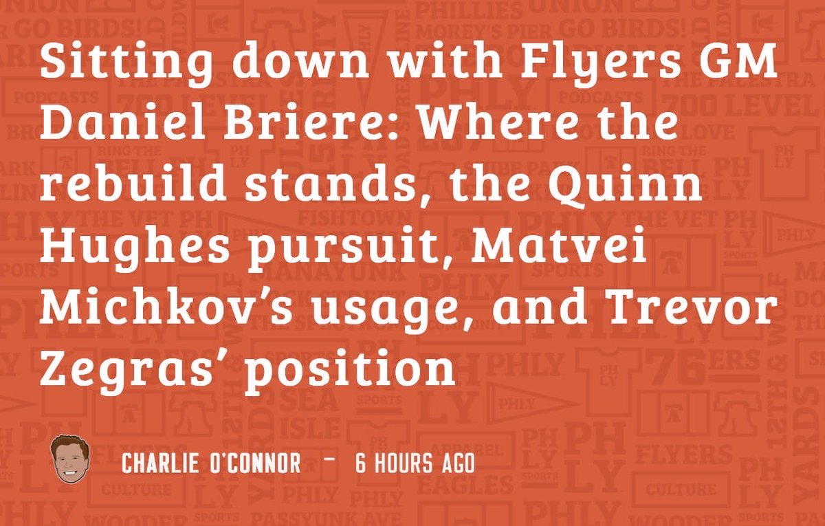 IdiottSandwich's tweet image. Simply put, @PHLY_Flyers has the best coverage of one of the NHL’s marquee franchises.

Being a fan of the team and not having a diehard sub is like reading the cliff notes. 

This @charlieo_conn interview is the most revealing article on the Flyers approach during the Briere era