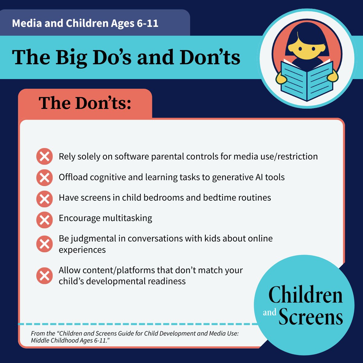 childrenscreens's tweet image. What are the big "Do's" and "Don'ts" around #DigitalMedia use and healthy development for children 6-11?

Learn how to continue building a strong foundation for your child’s well-being in the #DigitalAge by reading the NEW Children and Screens Ages 6-11 Guide today!