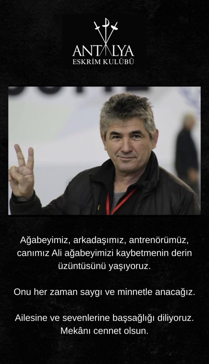 Antalya eskrim camiasının acı kaybı. 
Antalya’da uzun yıllar bir çok sporcunun yetişmesine öncülük eden, Milli takım antrenörlerinden Ali Şekerci yaşamını kaybetti.