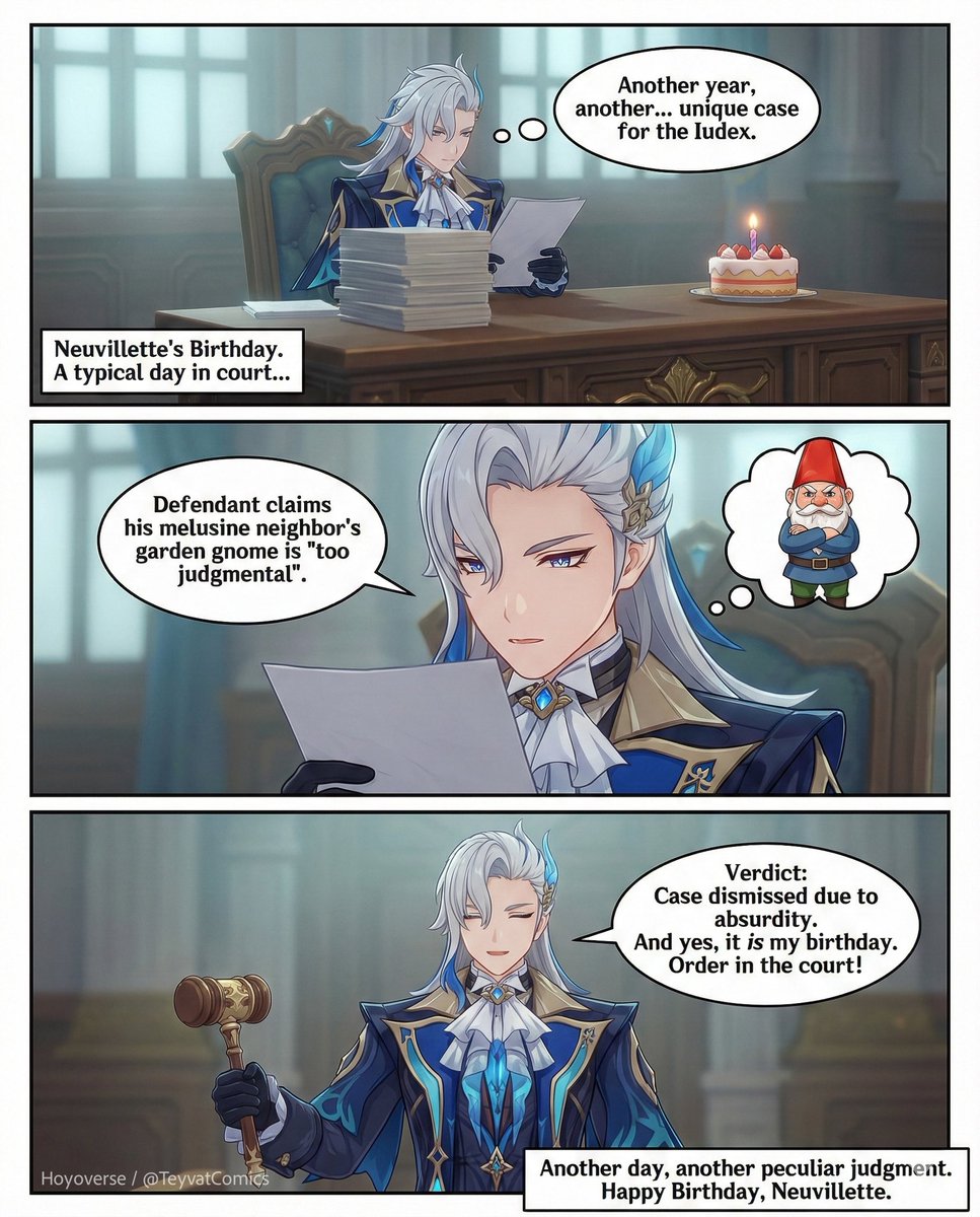 Even on his birthday, the Iudex can’t escape the chaos of Fontaine. 😭⚖️ That gnome does look suspicious though...

Happy Birthday, Monsieur Neuvillette! 🎂💧

#GenshinImpact #Neuvillette #Fontaine #GenshinMeme #Teyvat