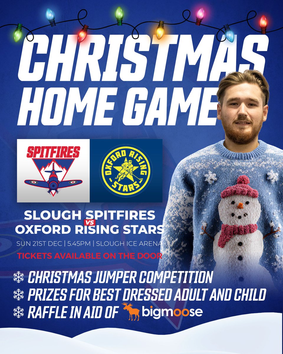 SloughSpitfires's tweet photo. Who's ready for some Christmas fun this weekend?🎄

For Sunday's home fixture against the Oxford Rising Stars, we have planned:

- A Christmas Jumper Competition and Prizes available for Best Dressed👕🎅
- A raffle in aid of Bigmoose 🔥 https://t.co/2Tlar5XK5T