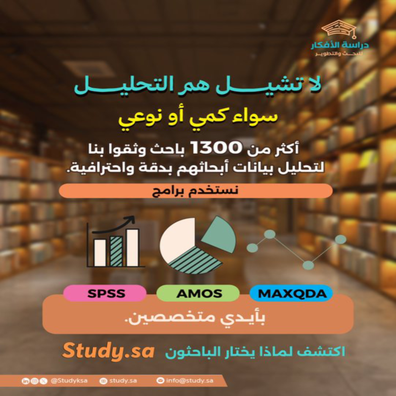 📊 لا تشيل هم التحليل سواء كمي أو نوعي!

أكثر من 1300 باحث وثقوا بخبراتنا لتحليل بياناتهم باستخدام 
SPSS، AMOS و MAXQDA

**اعمل منشن لخويك وتابع الحساب، وخذ خصم لك، والثاني لخويك – 10٪ لكل واحد!

تواصل معنا الآن لتفاصيل العرض من داخل السعودية
00966570709576