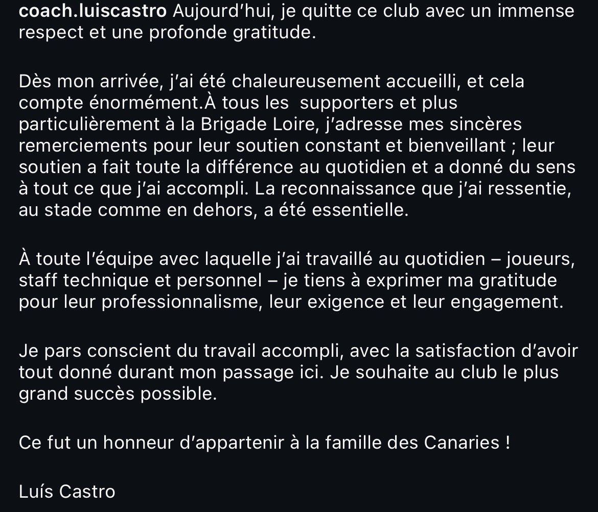 Sacha_fcn's tweet image. Putain le message d’au revoir de Castro sur Insta, je crois qu’aucun coach n’a jamais fait preuve d’autant de reconnaissance envers le club et les supporters depuis bien longtemps…
#FCNantes