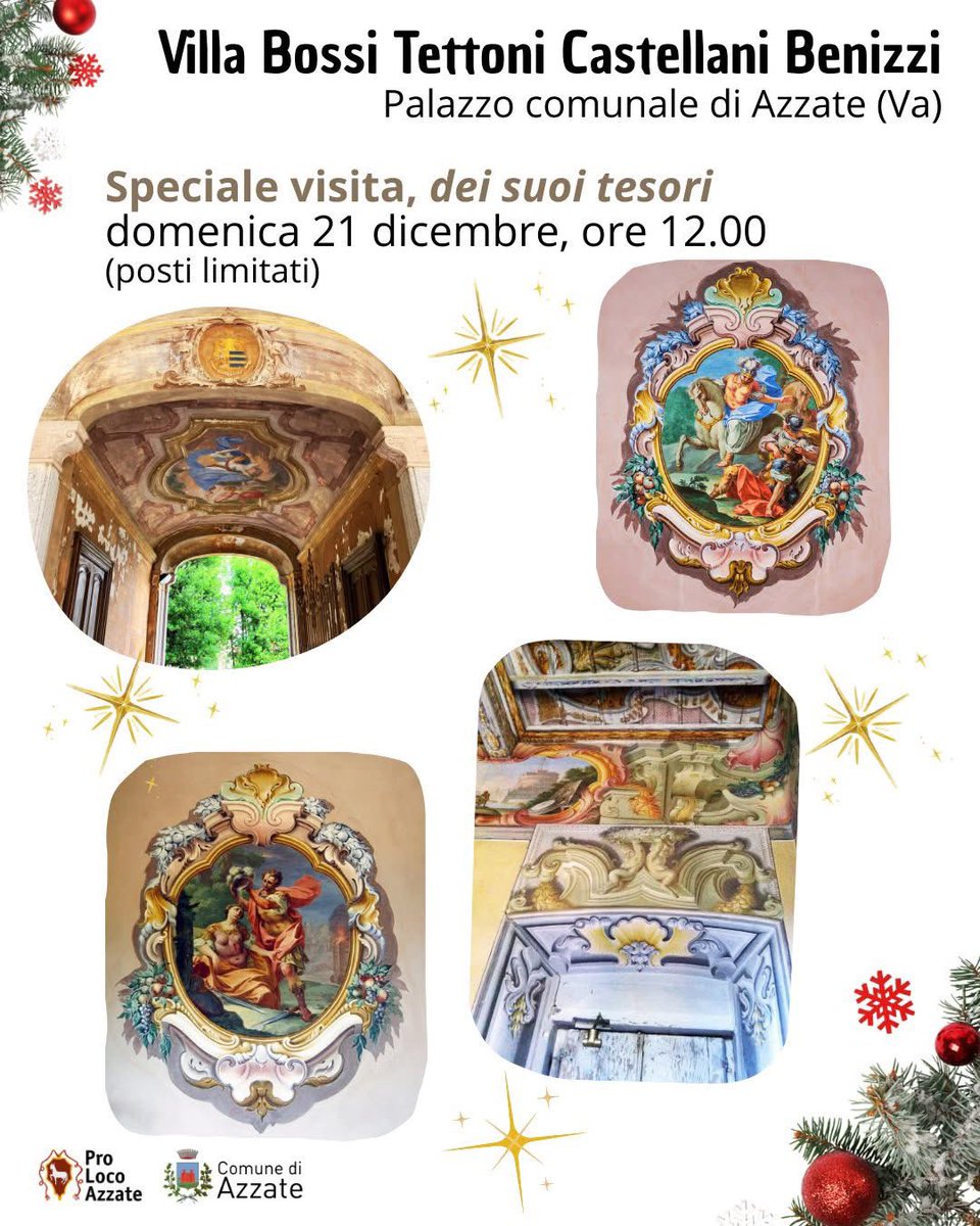 ProAzzate's tweet photo. Ad #Azzate (Va) ESCLUSIVA visita di Villa Bossi Tettoni Castellani Benizzi, in occasione del #Mercatino di #Natale. Domenica 21 dicembre, ore 12.00 (posti limitati!), saloni barocchi con soffitti a cassettoni, fastoso scalone in balaustra in marmo rosso... c’è anche il #Ronchelli https://t.co/VXuEqn6u2G