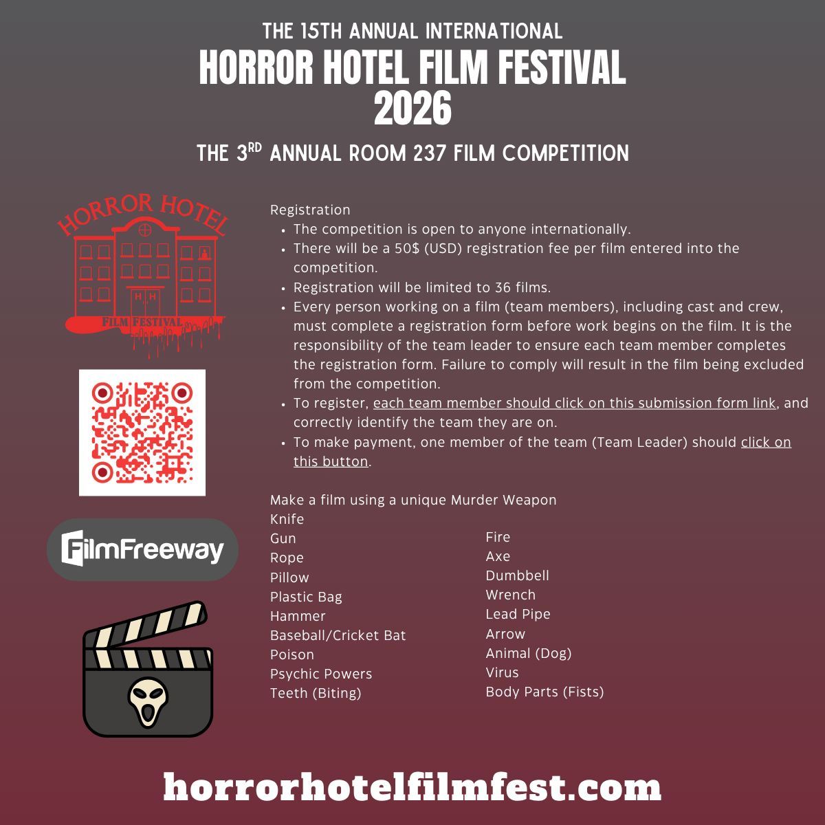 The Third Annual Room 237 Film Competition

The competition is open to anyone internationally.
There will be a 50$ (USD) registration fee per film entered into the competition.
Registration will be limited to 36 films.

docs.google.com/forms/d/e/1FAI…