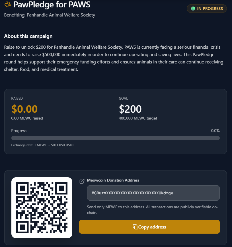 cryptofather48's tweet photo. @MeowcoinProject has another #PawPledge project open and ready for donations. Let's see how long it takes to fill this one...starting NOW! https://t.co/G657QkrRLZ