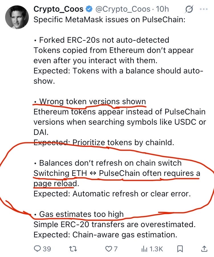 icon427_'s tweet photo. @RichardHeartWin @MetaMask Switching both ways from ETH version of HEX to the Pulsechain version of HEX is broken. When the switch is selected  other chains info/coins/prices remains below. Have to force a reset just to move from one chain to the next to stake on both sides. Broken on MetaMask for awhile https://t.co/6CYhekWxVE
