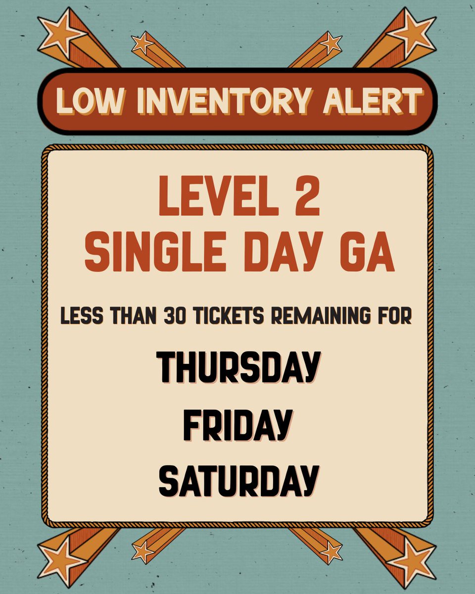 rockthesouth's tweet photo. 🚨 LOW INVENTORY ALERT 🚨

Less than 30 level 2 GA single day tickets remaining for Thursday, Friday &amp; Saturday. Secure yours today before they sell out 🤠 https://t.co/UDFoBKnqsE