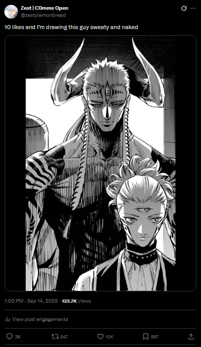 zestylemonbread's tweet image. Probably when I said I was going to draw Dabura from JJK Modulo naked lol