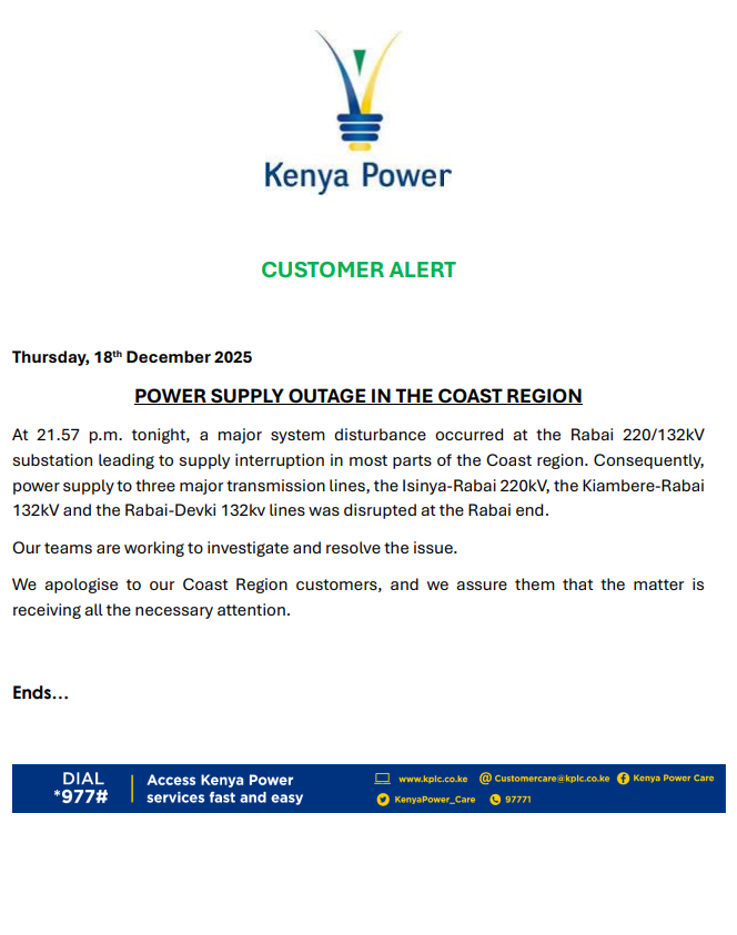 Good morning, esteemed customers. Please see the alert below on a power outage affecting the Coast Region. ^MW