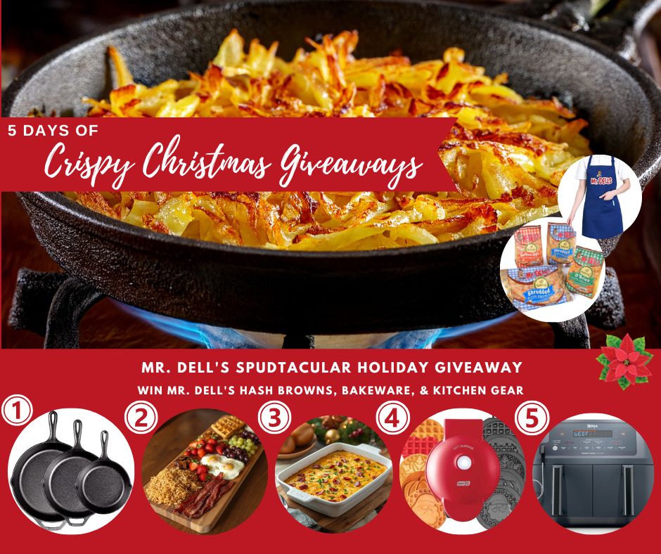 MrDellsTweets's tweet image. 5 Days of Crispy Christmas Giveaways. Enter here woobox.com/przyp8 to win kitchen favorites + Mr. Dell’s Hash Browns. From cast iron pans to an air fryer, it’s all about golden, crispy holiday breakfasts. Follow @MrDells Like &amp;amp; retweet. Winners drawn Christmas Eve #Mrdells
