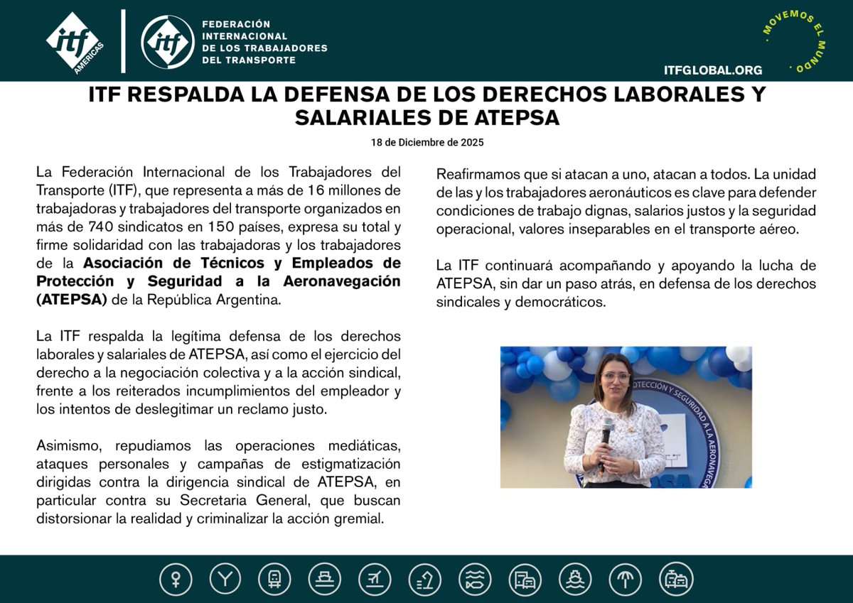 #Argentina 🇦🇷 La ITF expresa su total y firme solidaridad con las trabajadoras y los trabajadores de la Asociación de Técnicos y Empleados de Protección y Seguridad a la Aeronavegación (ATEPSA) de la República Argentina, organización afiliada, en la defensa de sus derechos