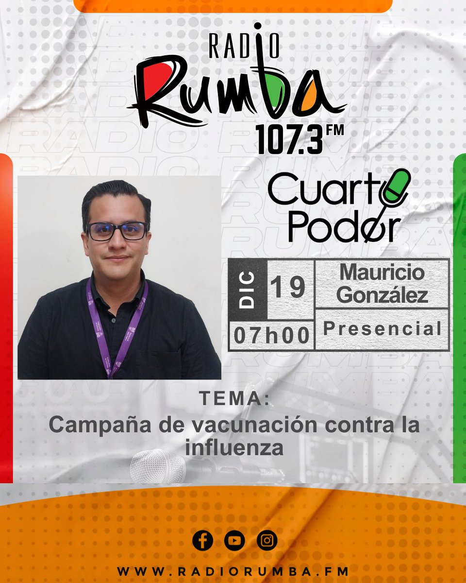 RadioRumbaEc's tweet photo. 🔴Mañana en #CUARTOPODER: Dr. Mauricio González, Director Distrital 09D01 del MSP (@Salud_Ec), con el tema: "Campaña de vacunación contra la influenza"

🕕 07h00 | 107.3 FM #RadioRumba

#MinisterioSalud #Vacunacion #Influenza #CampañaSalud #Ecuador https://t.co/SOa3Wie4gw