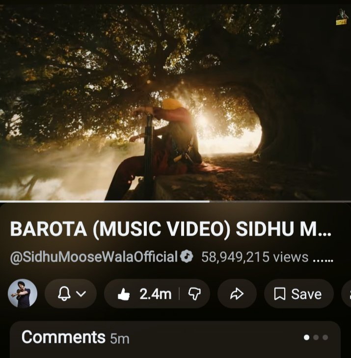 Punjabihitzz's tweet photo. Legendary Sidhu Moosewala Just Broke his own record, by crossing 5M+ comments on His New Track  "BAROTA"  It is now India's most commented Music Video on Youtube, in just 2 weeks of release.. 
 This is infinite love from fans 🙏
Aiming for No.1  Spot worldwide real soon.  
Target set by family / Team is 20M comments
Hints will be dropped from the team when 10M cmmnts are done.., confirmed 'via' Sidhu Moosewala's IG Story 

Continue showing love 🫶

#SidhuMoosewala 
#JusticeForSidhuMooseWala
