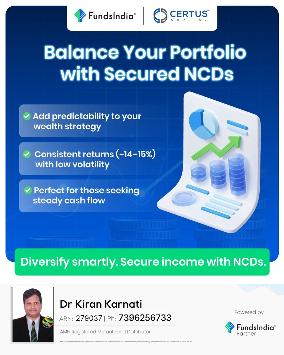 KKarnati73954's tweet image. Balance Your Portfolio with Secured NCDs
Diversify smartly. Secure income with NCDs.
#NCDs #RegularIncome #FundsIndiaPartner #OneStopSolution