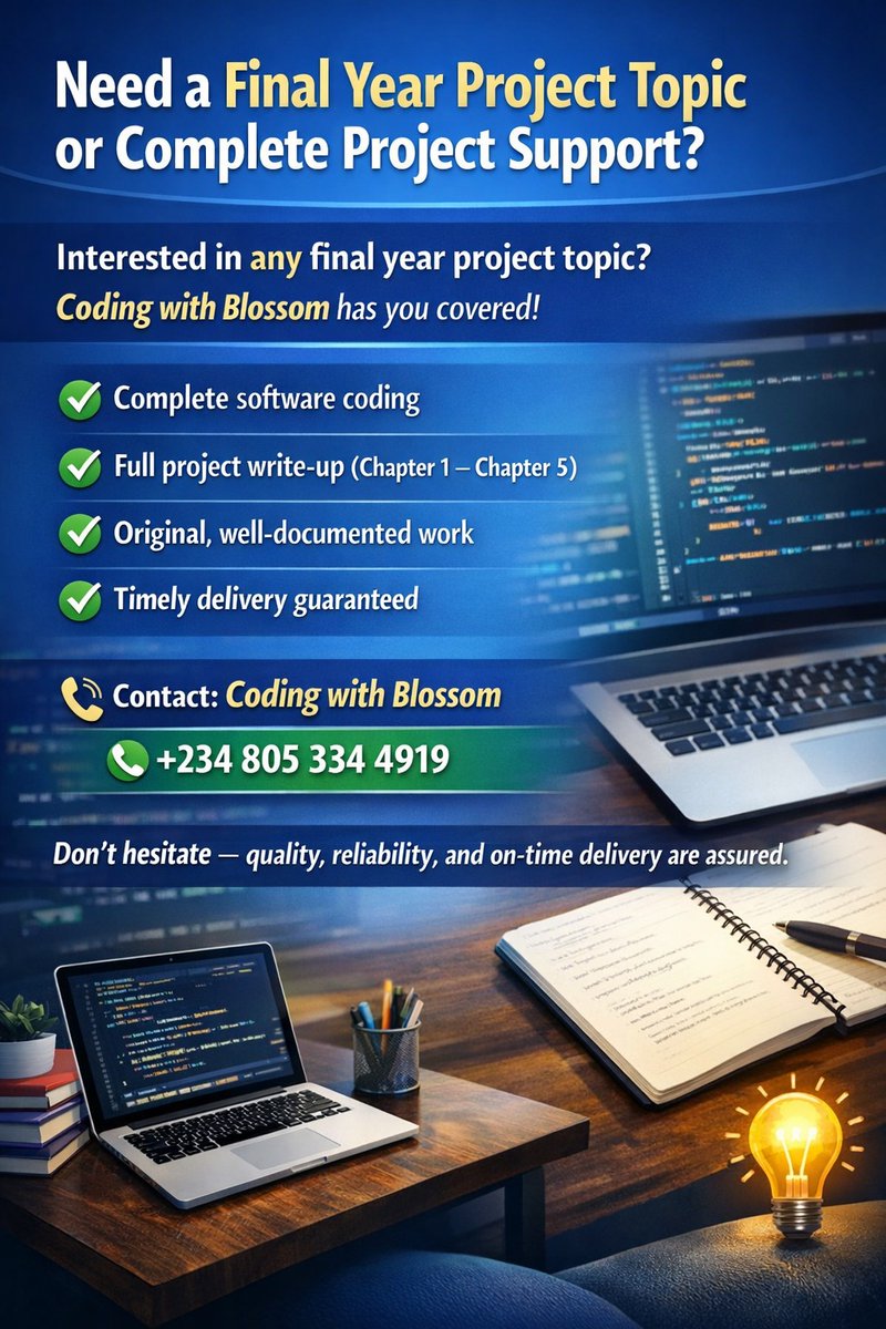 BCodeWorld's tweet image. #FinalYearProject #CodingHelp #StudentProjects. Create short posts: "Struggling with your final year project? Join my WhatsApp channel for free topics and full support! whatsapp.com/channel/0029Vb…