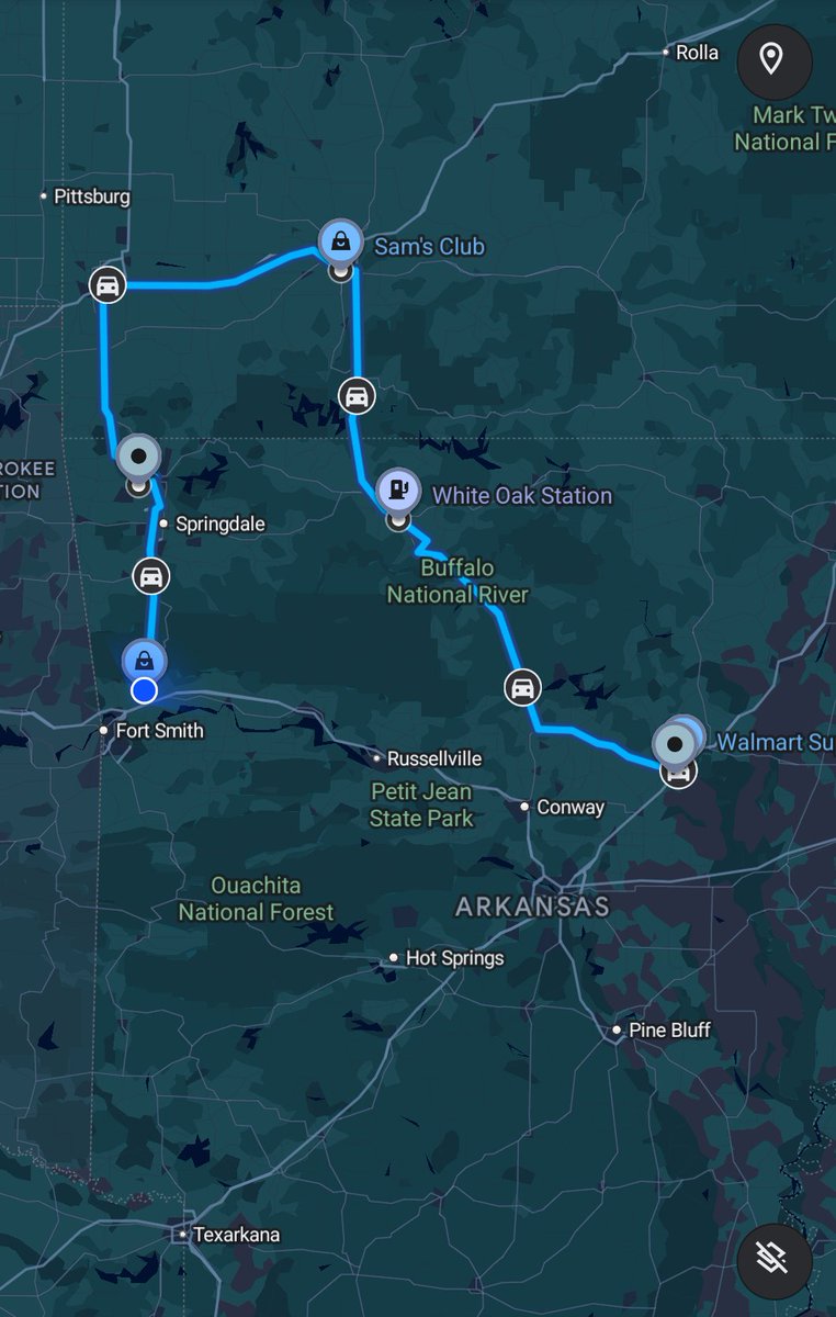 drvrjay's tweet image. This was today's drive. Didn't see a Tesla for a few hours and once I looked for chargers I know why. Bentonville had 6 📐 all wrapped. So, maybe someone who makes decisions can get me into the Tesla Semi soon.