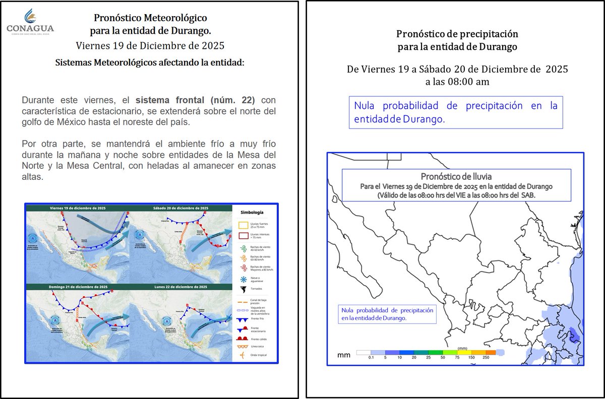 ConaguaDLDgo's tweet photo. Pronóstico Meteorológico #Durango
Viernes 19 de Dic 2025

• Nula probabilidad de precipitación en la entidad de Durango.
• Vie Tmin MUY FRÍA 4 a 5°C
• Vie Tmax CÁLIDA 26 a 27°C
• Sab Tmin FRÍA 6 a 7°C. https://t.co/1SWS8zk6nt