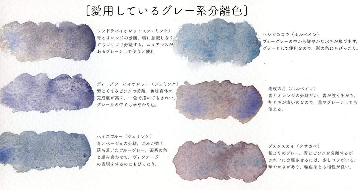 お気に入りのグレー系の分離色！紫色として売られているのが多いけど、私の中ではグレー。
ゴリゴリ分離するものほど使い勝手がよいです。
みなさんのお気に入りはどれ？