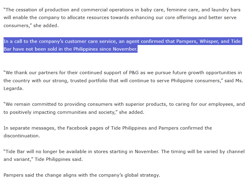 dumidyeypee's tweet image. Procter &amp;amp; Gamble (P&amp;amp;G) had discontinued the sale of Tide Bar, Whisper and Pampers in the Philippines to concentrate on its core product lines.

bworldonline.com/corporate/2025…