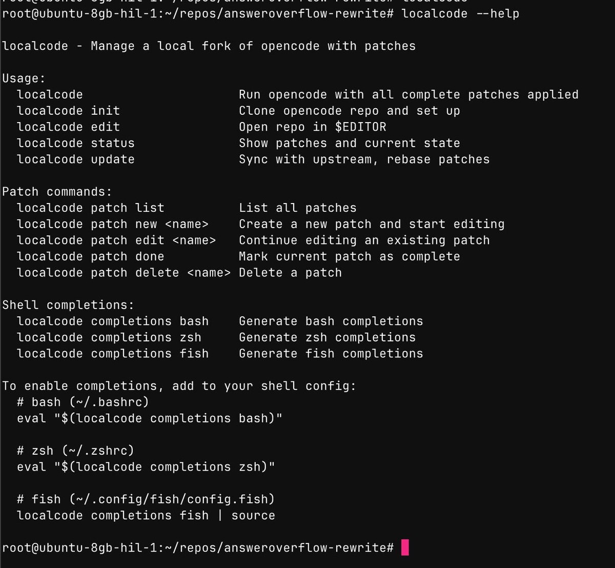 RhysSullivan's tweet image. There’s a few other things that have my focus but I’m wanting to try making a CLI that makes patching it easy called `localcode`

Each of your patches lives at patches/branch and then you’d have a local/ branch with all of them merged which uses OpenCode to auto resolve conflicts