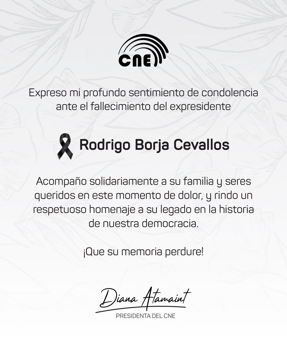 Mi más sentido pésame a la familia del expresidente Rodrigo Borja. Su trayectoria marcó una etapa importante de la vida democrática del país. 

Que su legado y compromiso con el Ecuador perduren en la memoria colectiva 🕊️